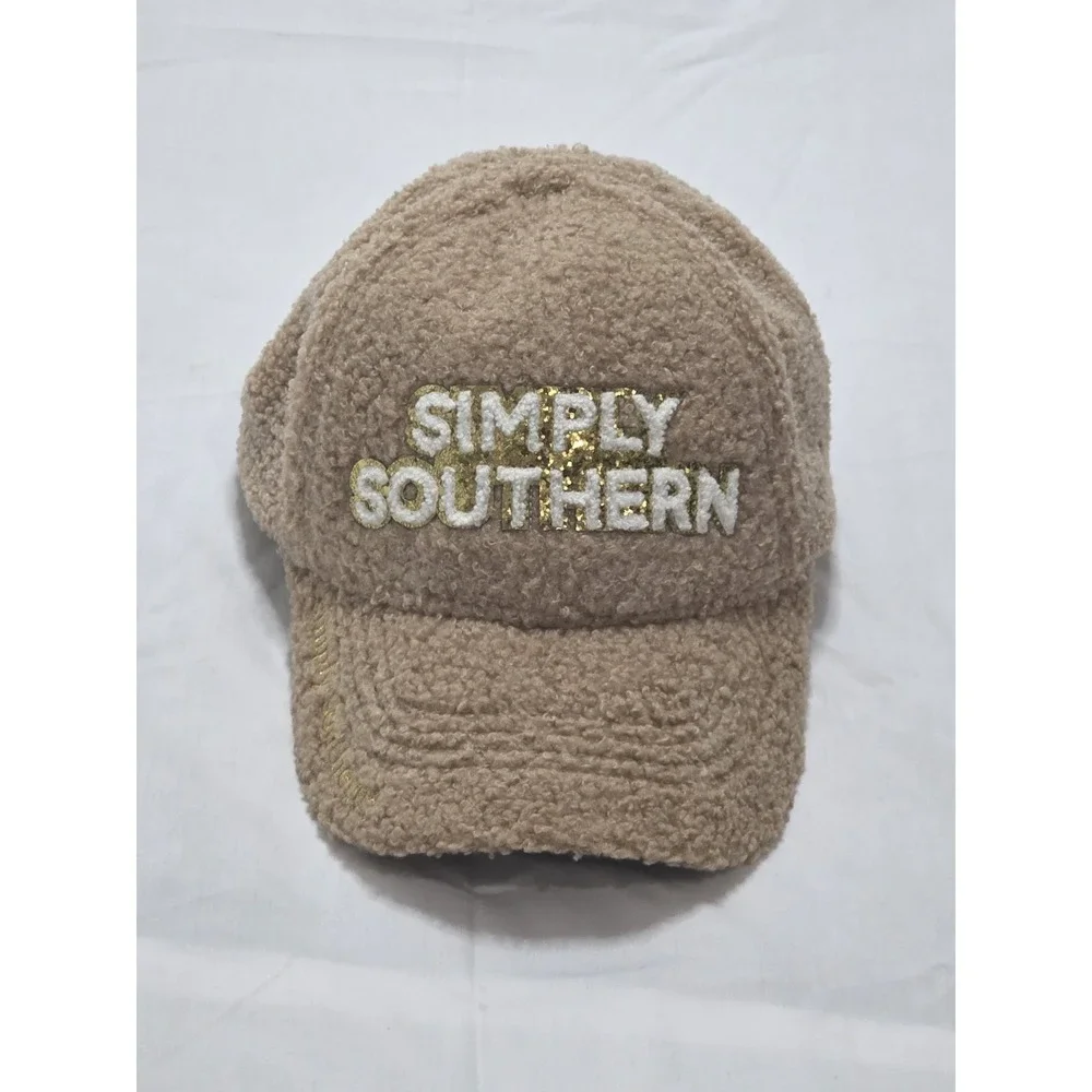 Simply Southern Tan Sherpa Baseball Cap Gold Sequin Logo Faux Fur Trucker Hat OS